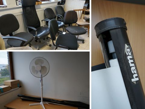 Lot bureaustoelen,ventilator en beamerscherm